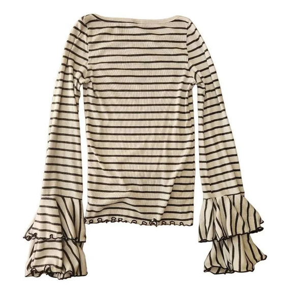 WE the Free People size xs double bell sleeve Jersey Stretch white black striped - Picture 3 of 5